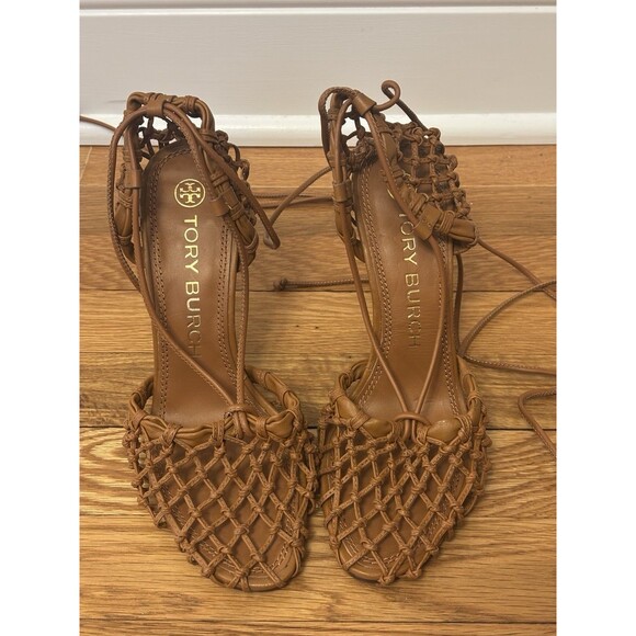 Tory Burch Helena Mesh 110mm Lace Up Pumps Heels Brown leather Strap Size 8 - Picture 7 of 16